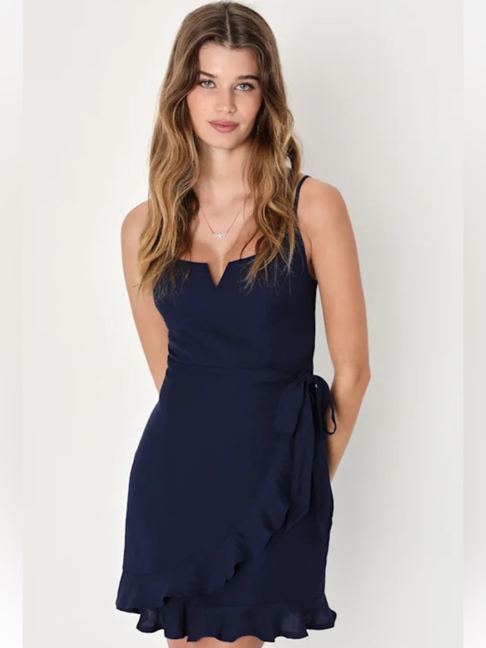 NWT Lulus Sunny Oasis Navy Blue Ruffled Faux-Wrap Mini Dress